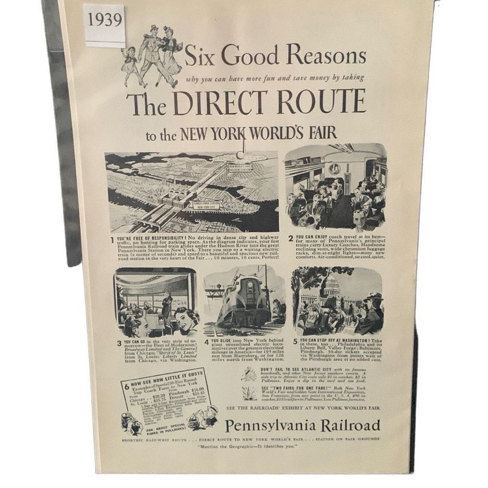 Vintage 1939 Pennsylvania Railroad Direct Route New York Worlds Fair Ad Advertis